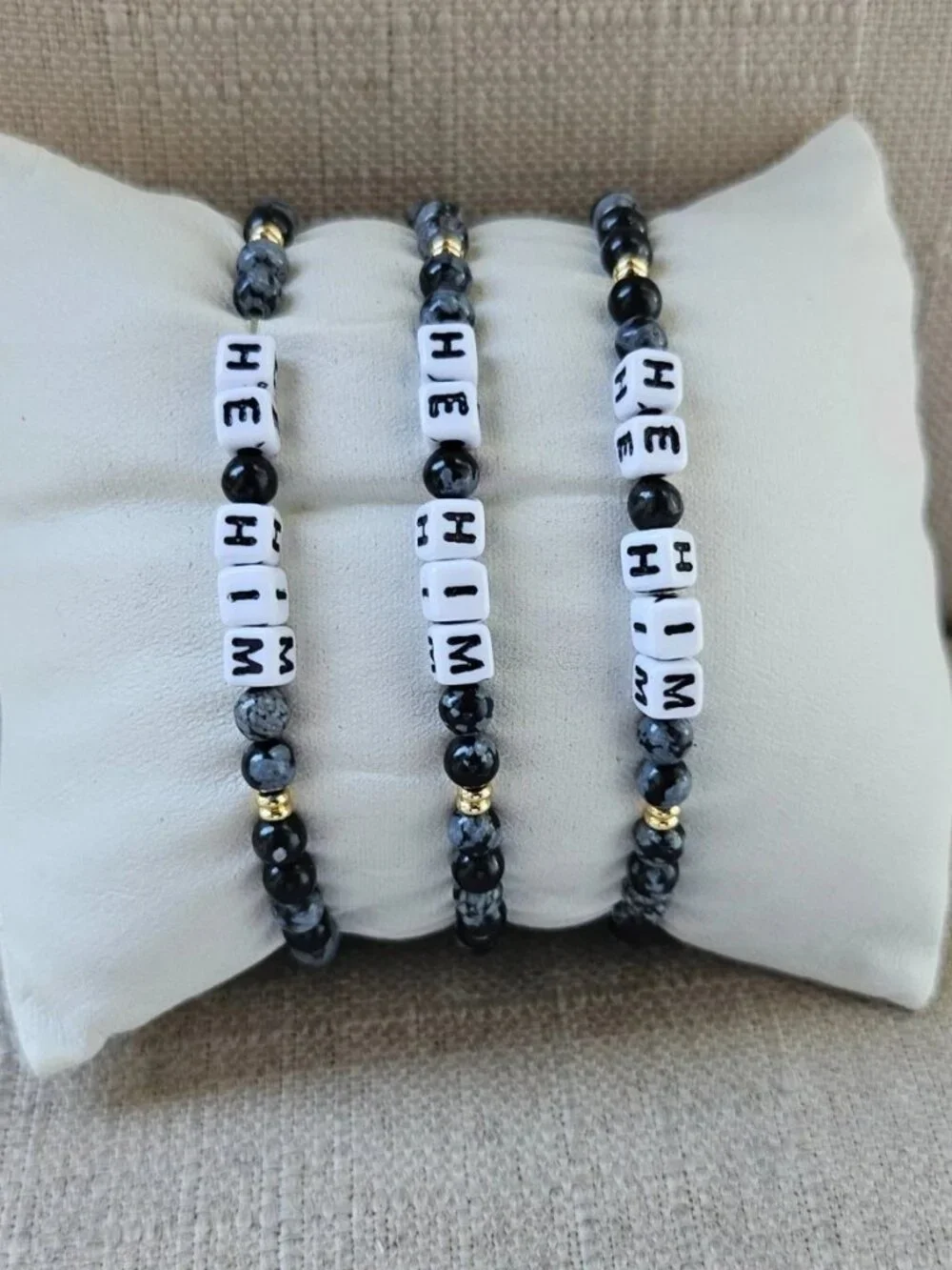 Little Words Project Bracelet Black Beands HE HIM Wrist Band Stretched Lot of 3
